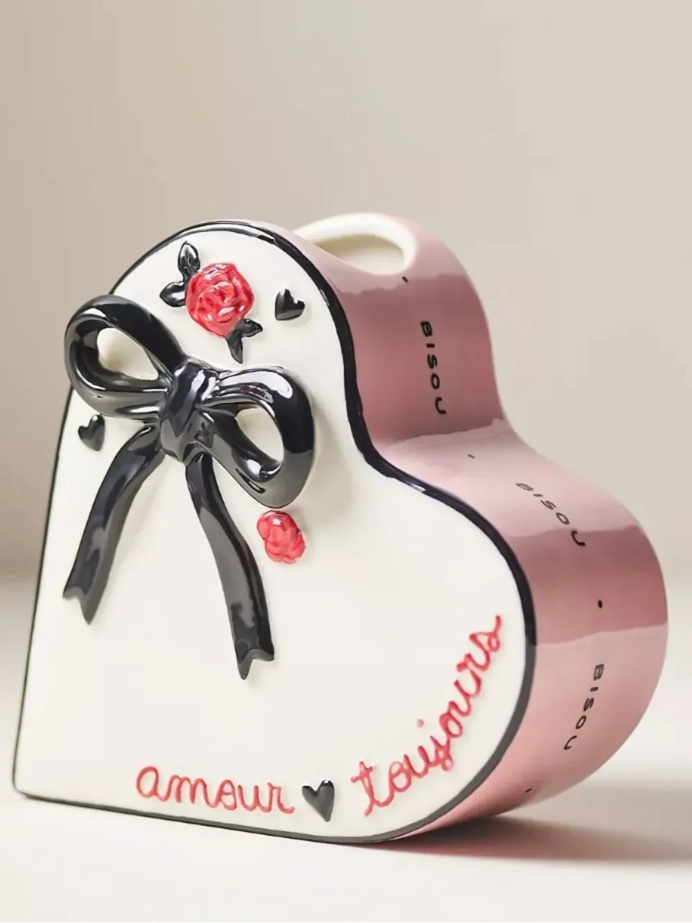 Anthropologie Pink White Black Amour Ceramic Heart Shaped Vase